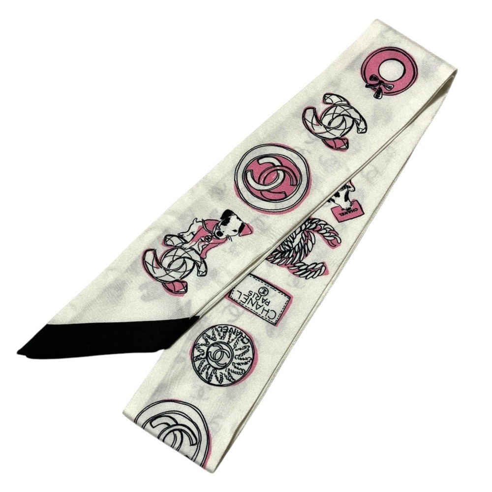 23P CHANEL Chanel Coco Mark Dog Print Silk Scarf AA8947B10437 White Pink Blac...